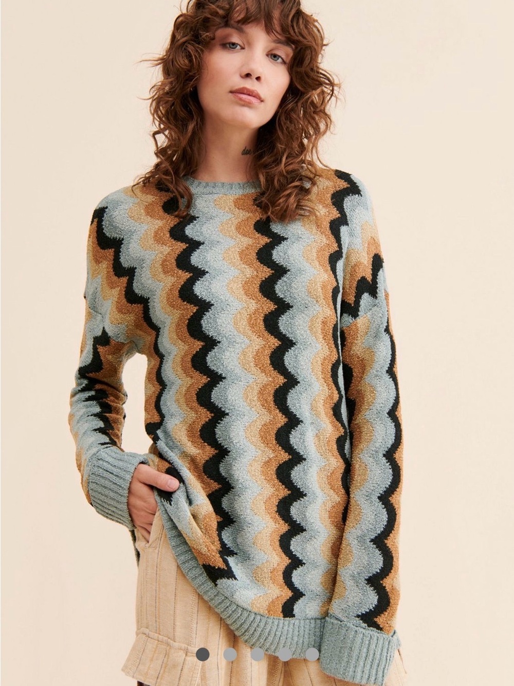 Free People Wavy Stripe Crewneck Sweater in Light Blue, Tan, Black & Cream